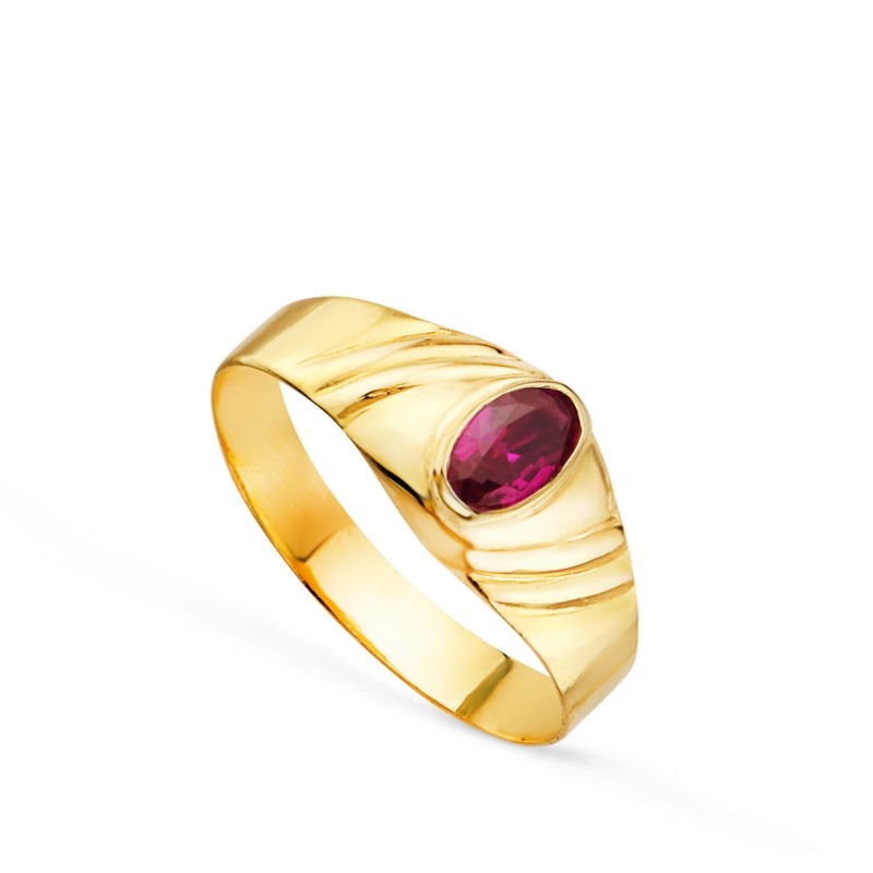 Solitario Oro Amarillo Pequeño Bebe O Meñique Circonita Roja Oval 5X3mm oro 18k