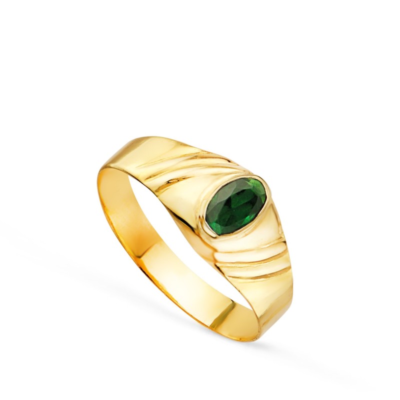 Solitario Oro Amarillo Pequeño Bebe O Meñique Circonita Verde Oval 5X3mm oro 18k