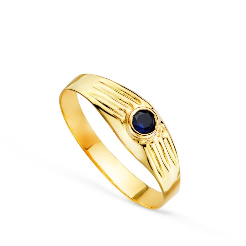 Solitario Oro Amarillo Hueco De Bebe O Meñique Circonita Azul 3mm Lateral Galloneado oro 18k
