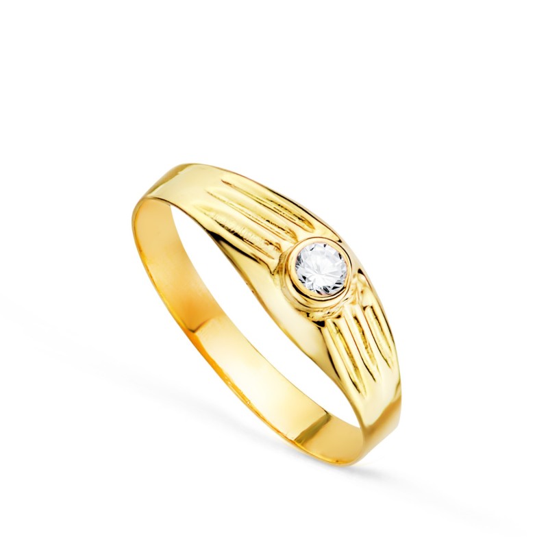 Solitario Oro Amarillo Hueco De Bebe O Meñique Circonita Blanca 3mm Lateral Galloneado oro 18k