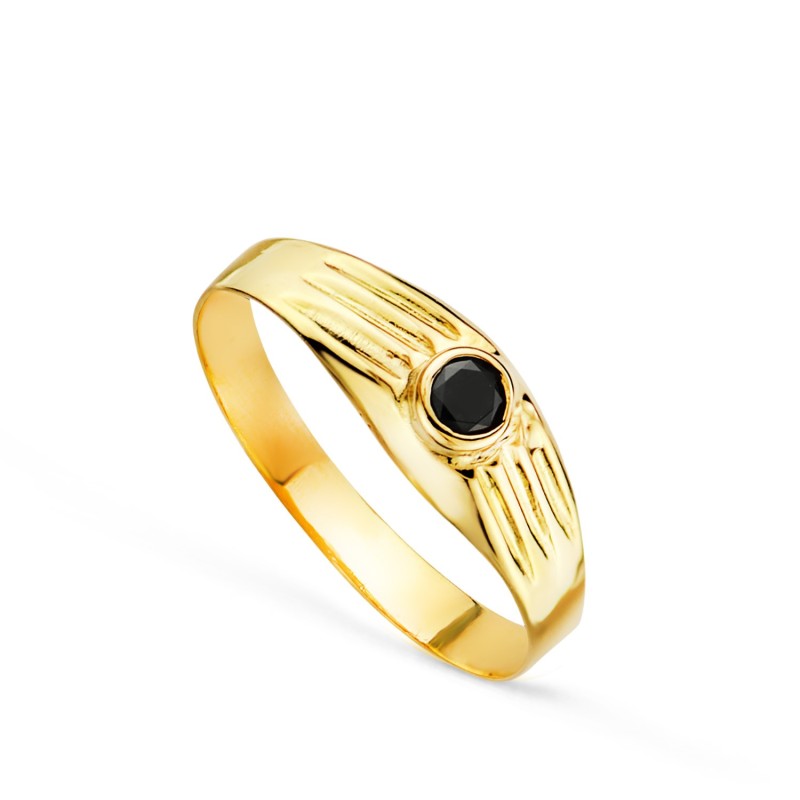 Solitario Oro Amarillo Hueco De Bebe O Meñique Circonita Negra 3mm Lateral Galloneado oro 18k