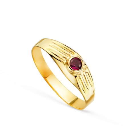 Solitario Oro Amarillo Hueco De Bebe O Meñique Circonita Roja 3mm Lateral Galloneado oro 18k