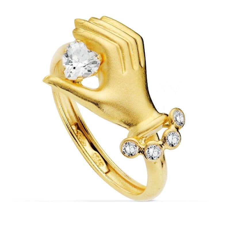 Sortija Oro Amarillo Mano Con Piedra Corazon oro 18k