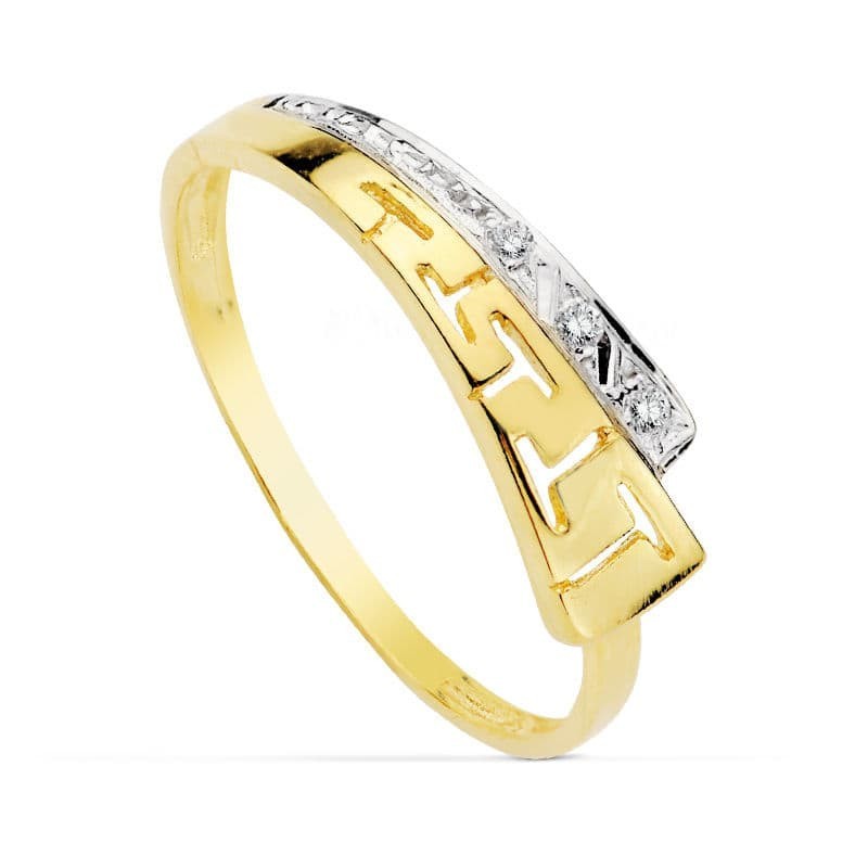 Sortija Oro Bicolor Con Motivo De Greca Y Circonitas oro 18k