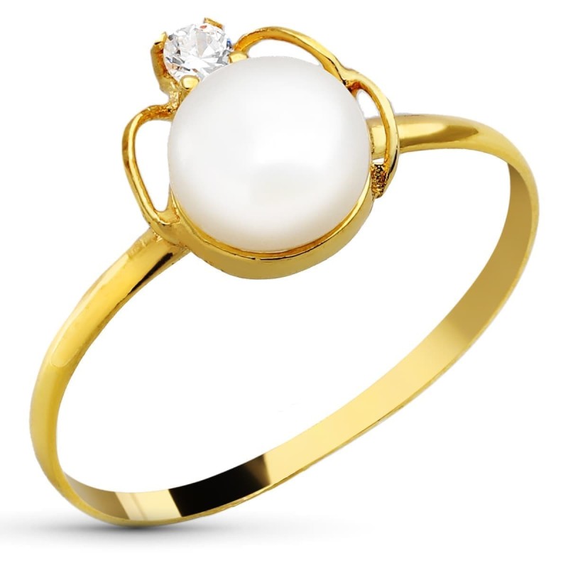 Sortija Oro Amarillo Con Perla De 6 mm Y Circonita. Ancho: 9 mm oro 18k