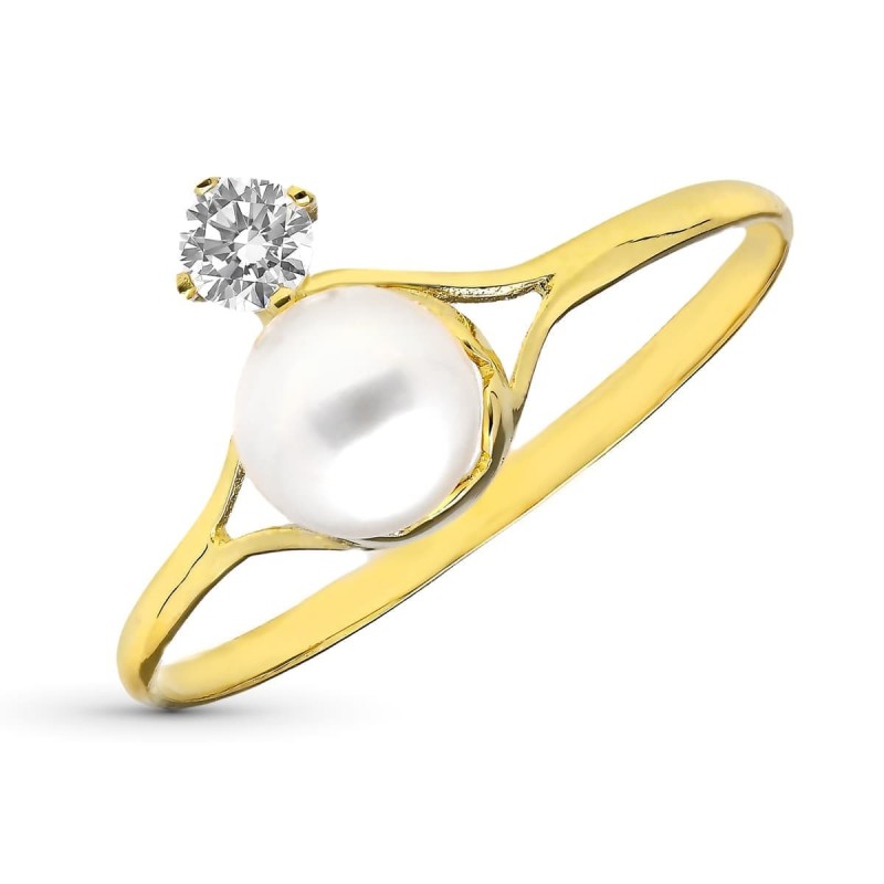 Sortija Oro Amarillo Con Perla De 5,5 mm Y Circonitas. Ancho: 9,5 mm oro 18k