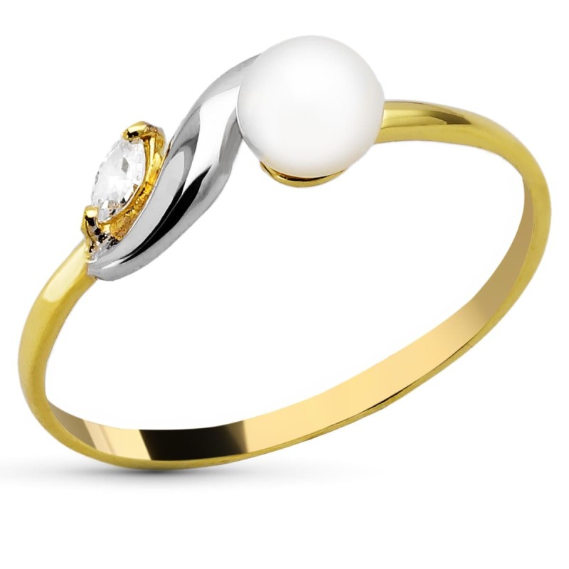 Sortija Oro Bicolor Con Perla 4,5 mm Y Circonita Marquise. Ancho: 6 mm oro 18k