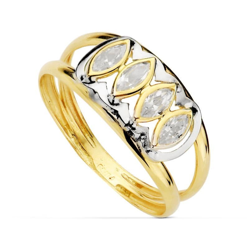 Sortija Oro Bicolor Doble Cuerpo Con Circonitas Blancas Marquise. Ancho: 8,5 mm oro 18k