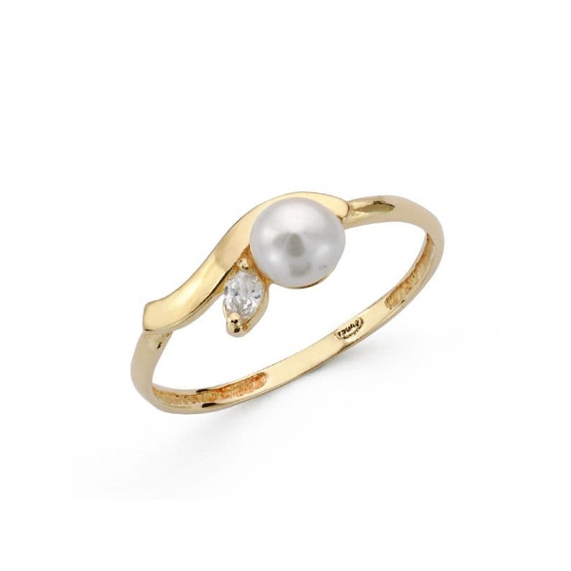 Sortija Oro Amarillo Hoja Con Perla 4,5 mm Y Circonita. Ancho: 6 mm oro 18k