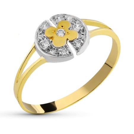 Sortija Oro Bicolor Maciza Motivo Redondo Con Flor Y Circonitas. Ancho: 8 mm oro 18k