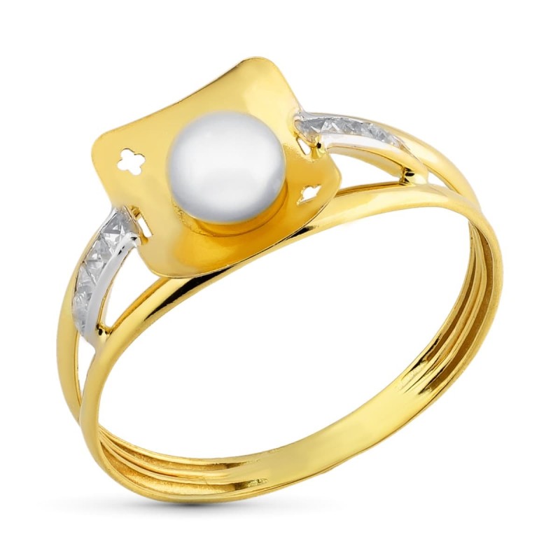 Sortija Oro Bicolor Motivo Cuadrado Con Perla 4,5 mm Y Circonitas Carril. Ancho: 8 mm oro 18k