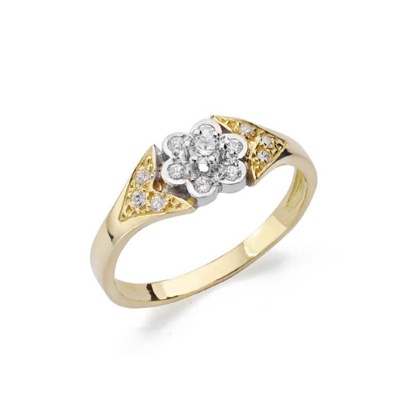 Sortija Oro Bicolor Flor Con Circonitas. Ancho: 6,5 mm oro 18k