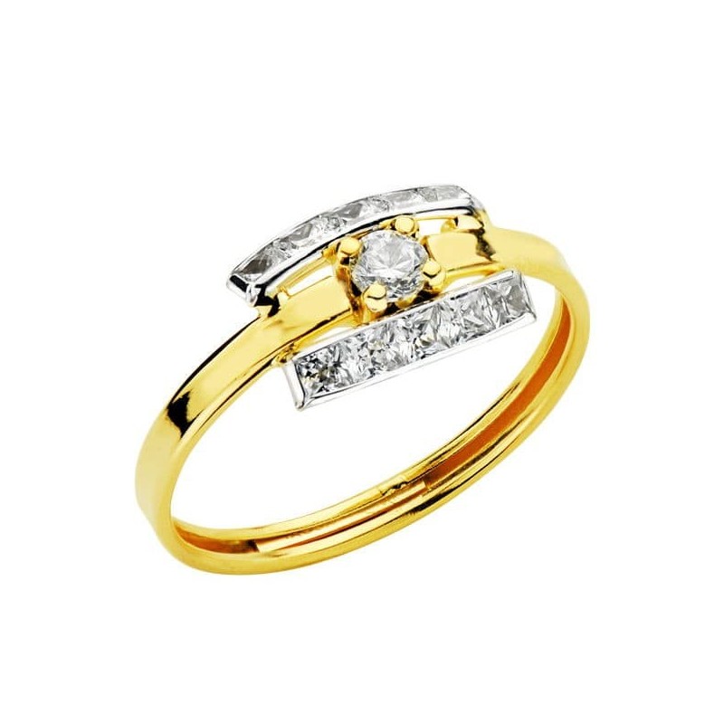 Sortija Oro Bicolor Con Bandas Laterales Y Circonitas En Carril. Ancho: 7,5 mm oro 18k