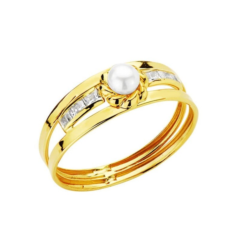 Sortija Oro Amarillo Doble Cuerpo Con Perla De 3 mm Y Circonitas En Carril. Ancho: 6 mm oro 18k