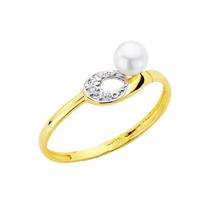 Sortija Oro Bicolor Motivo Calado Con Perla De 4 mm Y Circonitas. Ancho: 6,5 mm oro 18k
