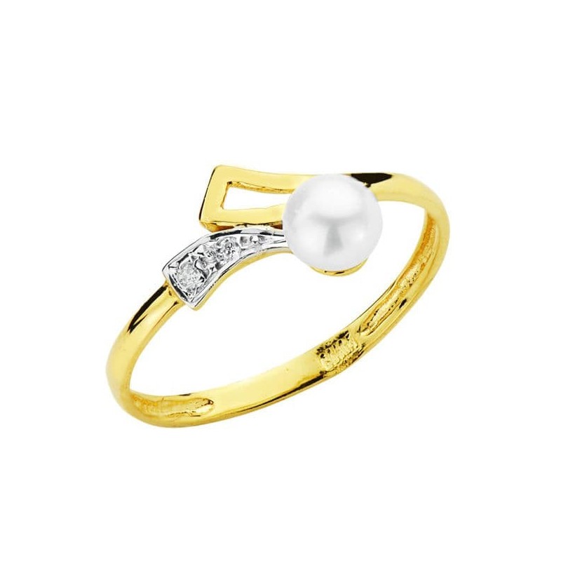 Sortija Oro Bicolor Motivo Calado Con Perla De 4 mm Y Circonitas. Ancho: 7,5 mm oro 18k