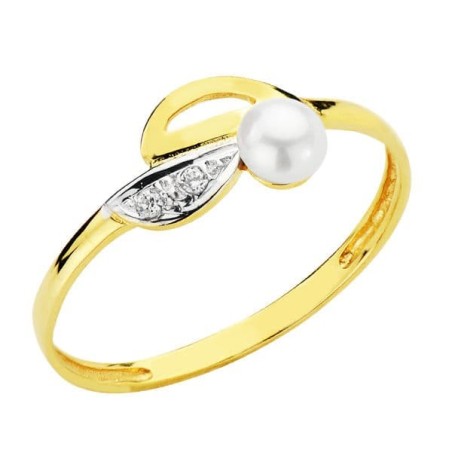 Sortija Oro Bicolor Motivo Calado Con Perla De 3,5 mm Y Circonitas. Ancho: 7 mm oro 18k