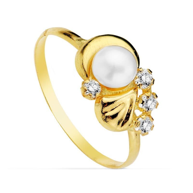 Sortija Oro Amarillo Motivo Con Perla 4mm Y Circonitas. Ancho: 7,5 mm oro 18k