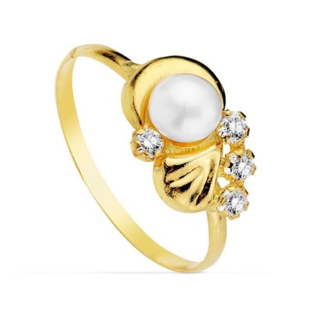 Sortija Oro Amarillo Motivo Con Perla 4mm Y Circonitas. Ancho: 7,5 mm oro 18k