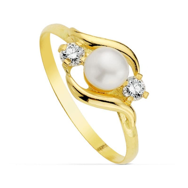 Sortija Oro Amarillo Motivo Con Perla 4,5mm Y Circonitas. Ancho: 8 mm oro 18k