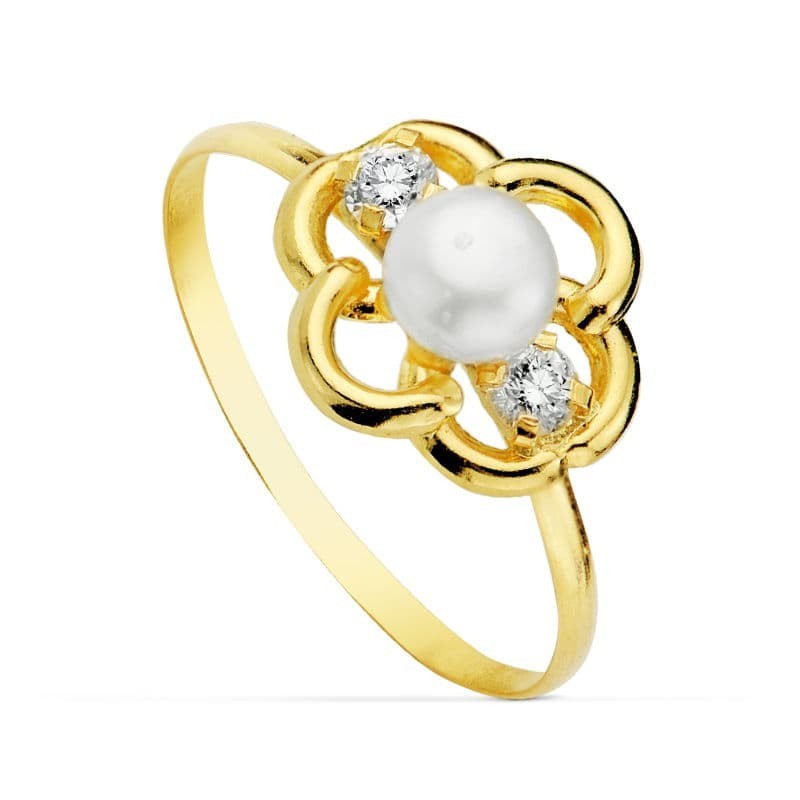 Sortija Oro Amarillo Motivo Con Perla 4mm Y Circonitas. Ancho: 9,5 mm oro 18k