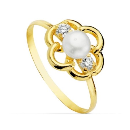 Sortija Oro Amarillo Motivo Con Perla 4mm Y Circonitas. Ancho: 9,5 mm oro 18k