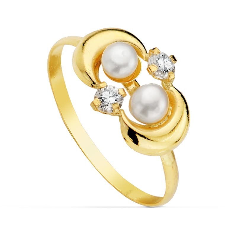 Sortija Oro Amarillo Motivo Con Dos Perlas Y Circonitas. Ancho: 7,5 mm oro 18k