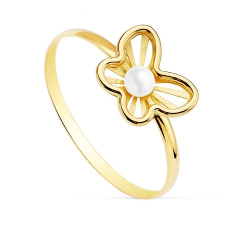 Sortija Oro Amarillo Mariposa Calada Con Perla 2,5 mm. Medida: 9 X 7,5 mm oro 18k