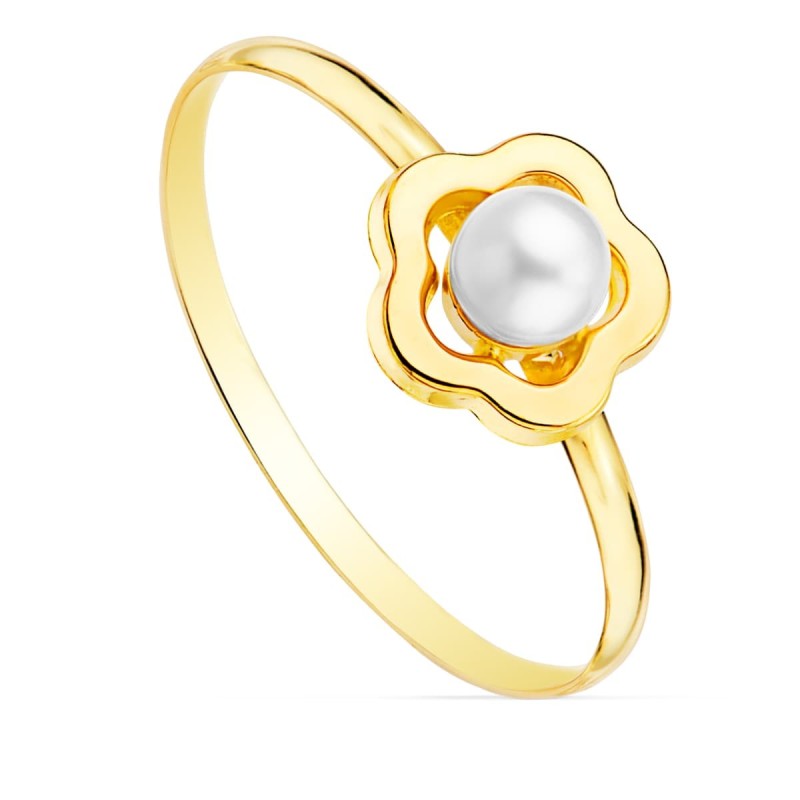 Sortija Oro Amarillo Comunion Flor 8X8 mm Perla 4 mm Ancho Cuerpo 1 mm oro 18k
