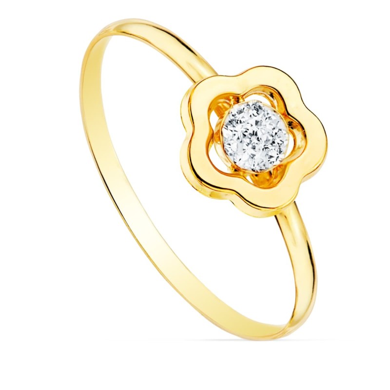 Sortija Oro Amarillo Comunion Flor Y Circonita 8X8 mm. Ancho Cuerpo: 1 mm oro 18k