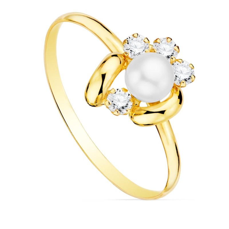 Sortija Oro Amarillo Comunion Flor 11X9 mm Ancho Cuerpo 1.2 mm Perla 5 mm oro 18k