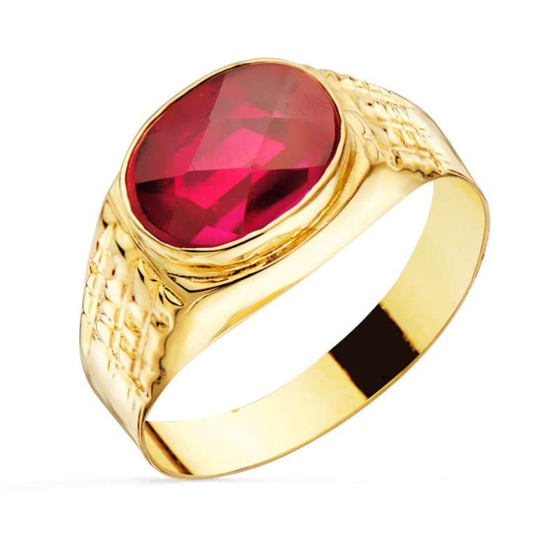 Sello Oro Amarillo Con Piedra Rubi Spinel 10X8 mm Lateral Tallado oro 18k