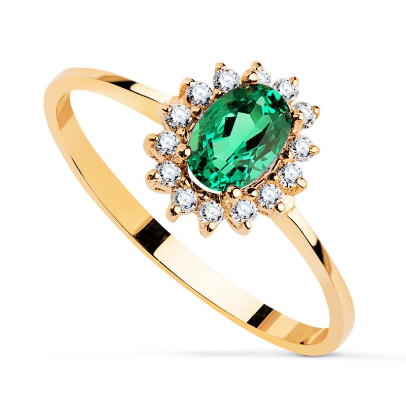Sortija Oro Amarillo Esmeralda Recrist. 6X4mm 0,39 Qts. Diamant. Laborat. 0,140 Qts. Vs2-G 9,5X8 mm oro 18k