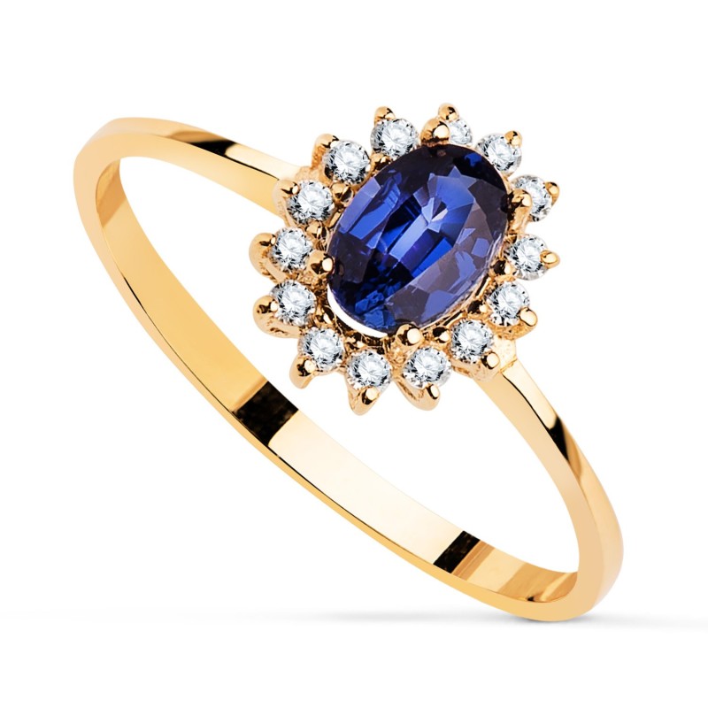 Sortija Oro Amarillo Zafiro 6X4 mm 0,62 Qts. Diamantes 0,140 Qts. Vs2-G 9, 5X8 mm oro 18k