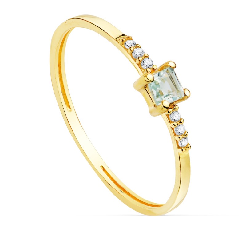 Sortija Oro Amarillo 6 Diamantes De Laboratorio 0,030Qts. G-Vs2 Aguamarina 3X3mm Cuerpo 1mm oro 18k