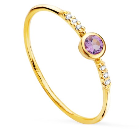 Sortija Oro Amarillo 6 Diamantes De Laboratorio 0,030 Qts. G-Vs2. Amatista 3 mm oro 18k