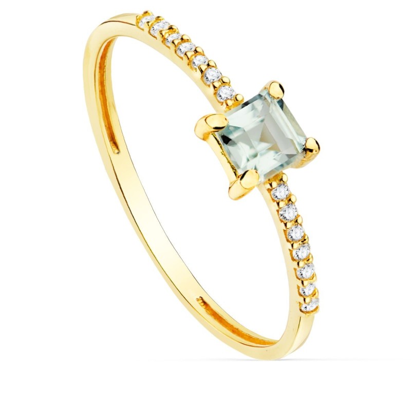 Sortija Oro Amarillo 14 Diamantes De Laboratorio 0,070 Qts. G-Vs2 Aguamarina 4X4 mm Ancho 1 mm oro 18k