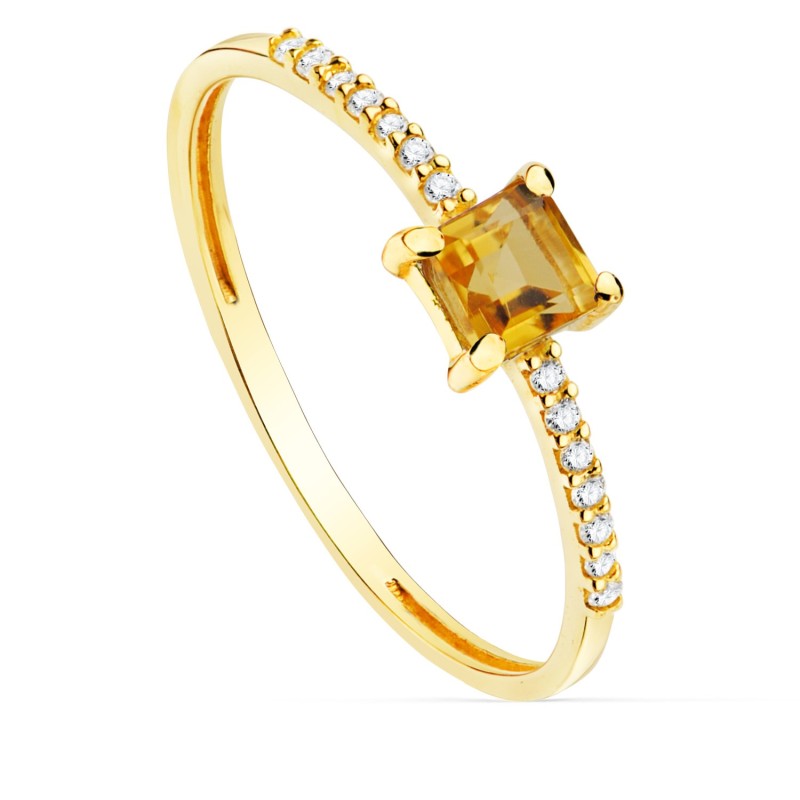 Sortija Oro Amarillo 14 Diamantes De Laboratorio 0,070Qts. G-Vs2. Citrino 4X4mm Cuerpo 1 mm oro 18k
