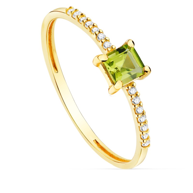 Sortija Oro Amarillo 14 Diamantes De Laboratorio 0,070 Qts. G-Vs2. Olivina 4X4 mm Cuerpo 1 mm oro 18k
