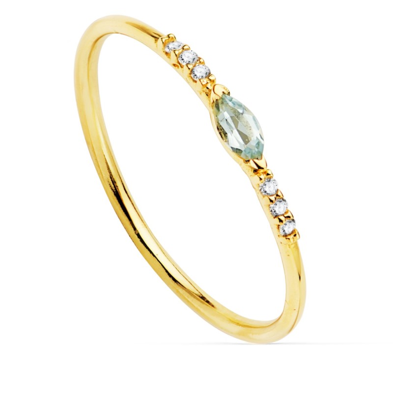 Sortija Oro Amarillo Diamantes De Laboratorio 0,030 Qts. G-Vs2 Aguamarina 4X2 mmcuerpo 1 mm oro 18k