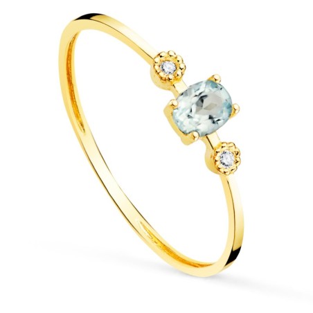 Sortija Oro Amarillo Diamantes 0.016 Qts. G-Vs2 Aguamarina 4X3mm cuerpo 1 mm oro 18k