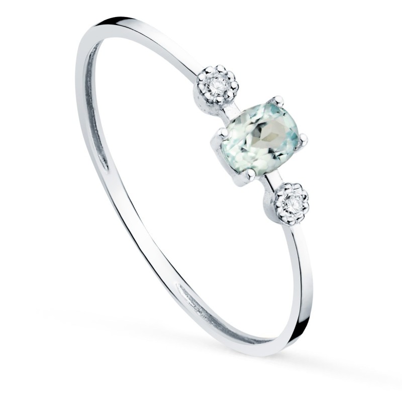 Sortija Oro Blanco Y Diamantes 0.016 Qts. G-Vs2 Aguamarina 4X3mm cuerpo 1 mm oro 18k