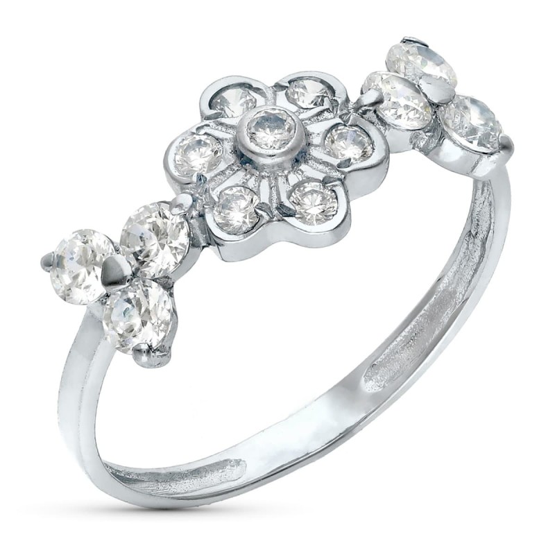 Sortija Oro Blanco Flor Con Circonitas. Ancho 7 mm oro 18k