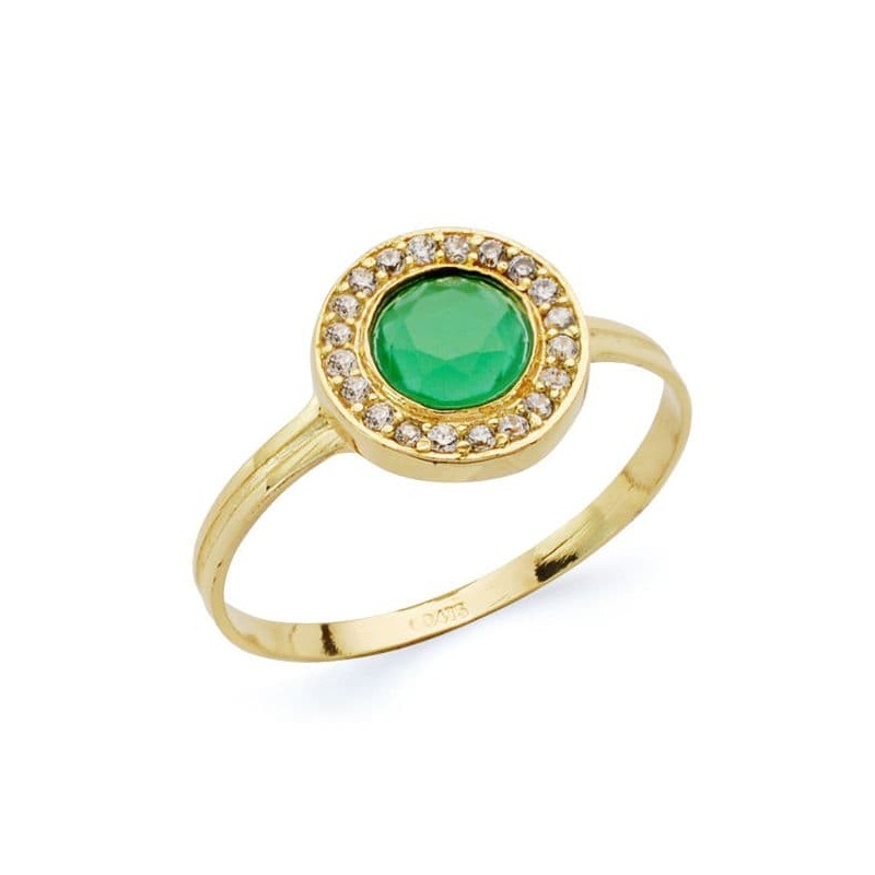 Sortija Oro Amarillo Redondo Con Circonitas Y Piedra Verde. Medida: 9 mm oro 18k