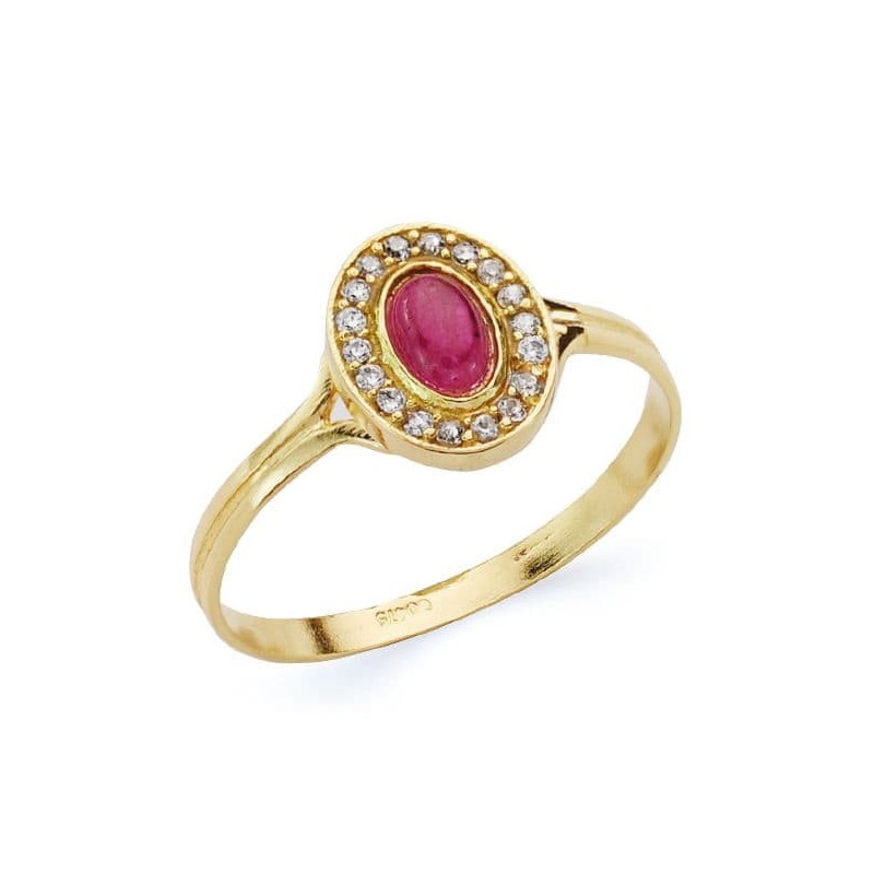 Sortija Oro Amarillo Oval Con Circonitas Y Piedra Roja. Medida: 9X7 mm oro 18k