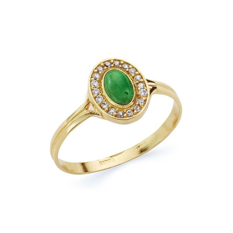 Sortija Oro Amarillo Oval Con Circonitas Y Piedra Verde. Medida: 9X7 mm oro 18k