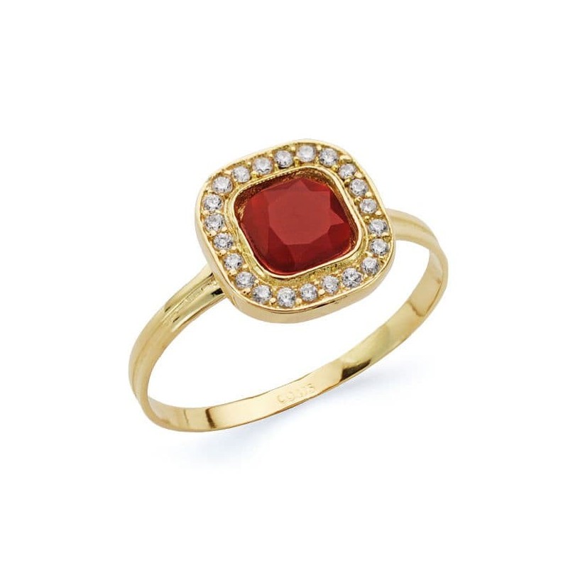 Sortija Oro Amarillo Cuadrado Con Circonitas Roja Y Blancas. Ancho: 9 mm oro 18k