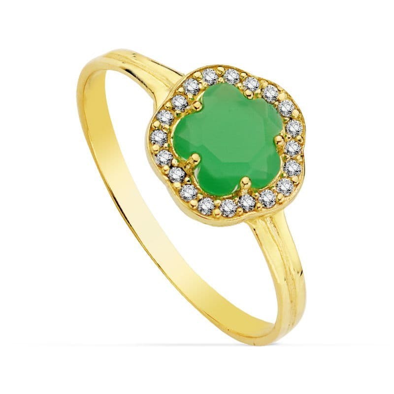 Sortija Oro Amarillo Con Circonita Flor Verde. Ancho: 9 X 9 mm oro 18k