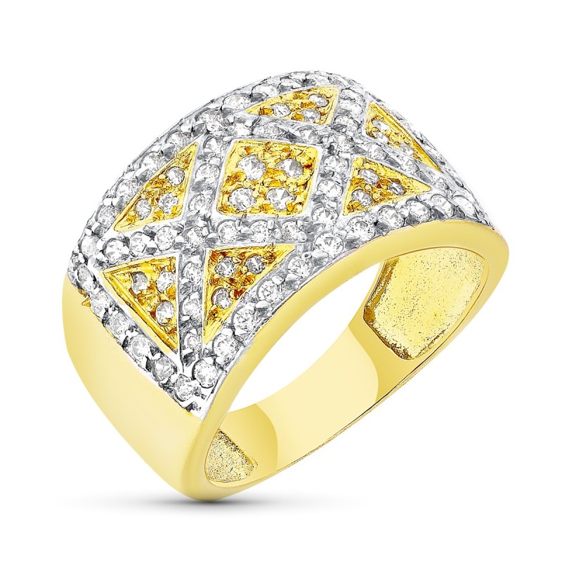 Sortija Oro Bicolor Maciza Calada Con Circonitas. Ancho: 13 mm oro 18k