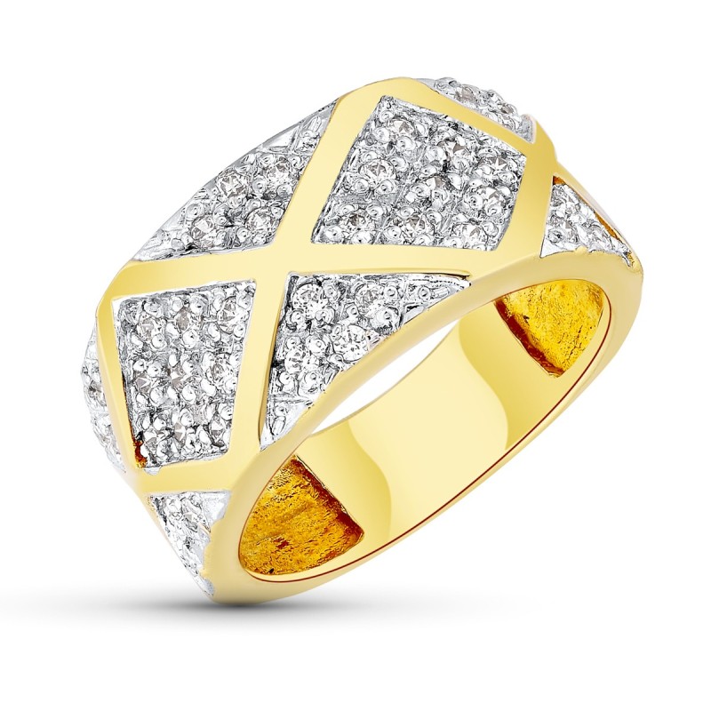 Sortija Oro Bicolor Rombos Con Circonitas. Ancho: 10,5 mm oro 18k